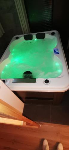 a green object sitting on top of a table at Gîtes déco pop et chaleureuse avec jacuzzi, sauna, piece coquine in Calais