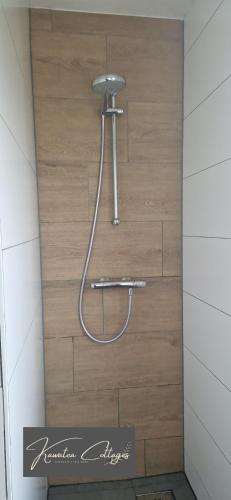 a shower in a bathroom with a wooden wall at Lakefront Cottage Gelderland BBQ & tuin 6pers in Ewijk
