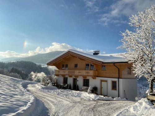 a log cabin in the snow with snow covered trees at Apartment-Chalet Mödlinghof in Hopfgarten im Brixental