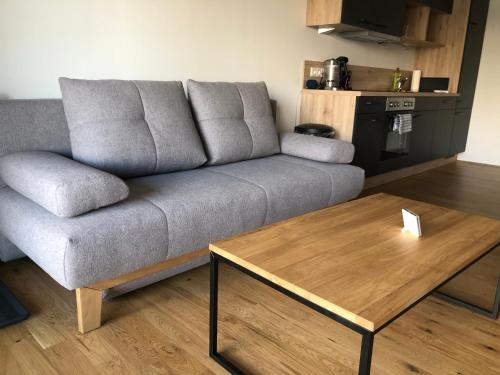 ein Wohnzimmer mit einem Sofa und einem Couchtisch in der Unterkunft Studentenwohnung in Grafenwörth