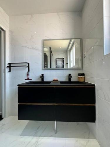 La salle de bains est pourvue d'un lavabo noir et d'un miroir. dans l'établissement Appt de standing centre ville, à Tarbes