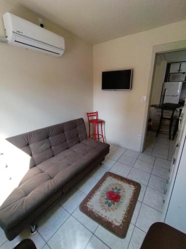a living room with a couch and a tv at Apartamento da Fô in Pelotas