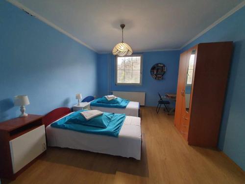 a blue room with two beds and a window at Egervári Béres Vendégház- Középső apartman in Egervár