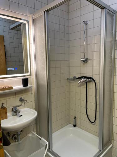 a bathroom with a shower and a sink at Vilseck Apartment in Vilseck