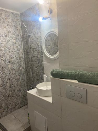 een badkamer met een toilet, een wastafel en een douche bij Sofi Studio Central in Boekarest