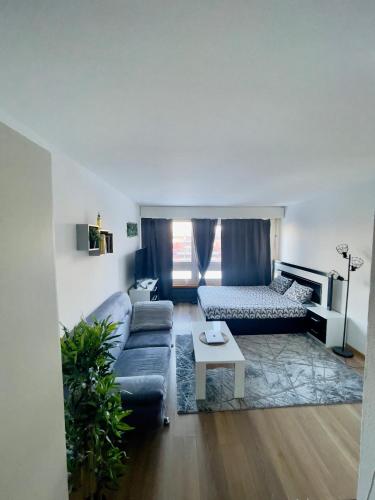 una sala de estar con un sofá y una cama en Suncatcher Studio, en Berna