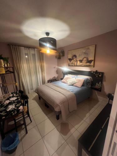 Un dormitorio con una cama y una mesa. en B&B casa Belvedere en Tezze sul Brenta