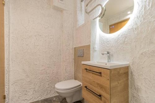 a bathroom with a toilet and a sink and a mirror at Studio flat in Tallinn