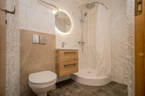 a bathroom with a toilet and a sink and a shower at Studio flat in Tallinn