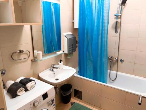 a small bathroom with a sink and a shower at Apartman Stepa K3 in Belgrade