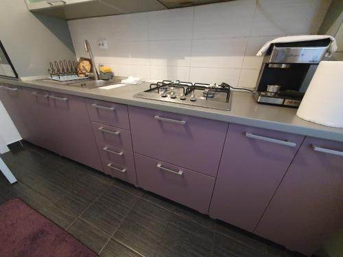 - une cuisine avec des placards violets et une cuisinière dans l'établissement Suceava apartment, à Suceava