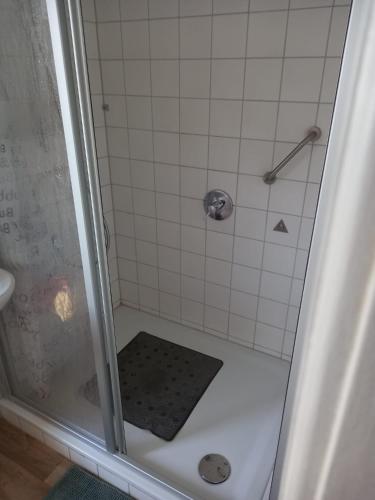 La salle de bains est pourvue d'une douche avec une porte en verre. dans l'établissement Schöne Ferienwohnung in Gernsbach, à Gernsbach