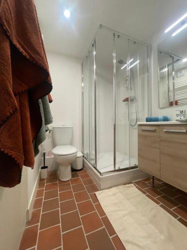 La salle de bains est pourvue d'une douche, de toilettes et d'un lavabo. dans l'établissement Appartement Charles Le Brun, Face au Château de Versailles, avec parking privé en sous sol, à Versailles