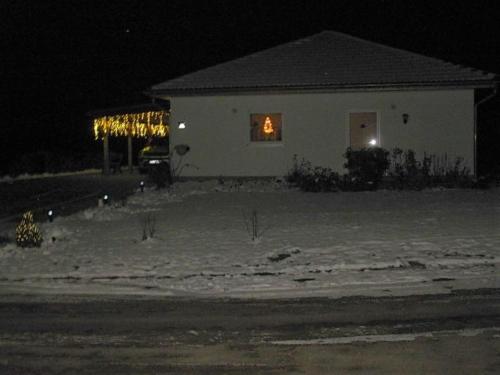 a house with a light in a window at night at FeWoMeißner in Wittingen
