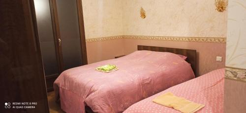 a room with two beds with pink sheets at Etablissement commun avec chambre privé tranquille avec jardin a 10 min a pied de la gare de Fleury-les-Aubrais et 2 min d Orléans in Fleury-les-Aubrais