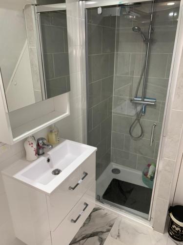 y baño con lavabo blanco y ducha. en Chambre rustique avec double lit et sa salle de bain privée, en Urbès