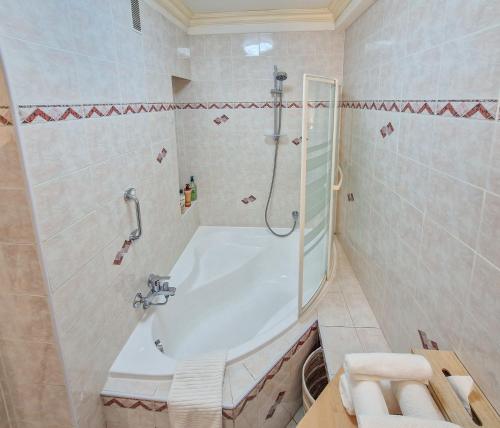 uma casa de banho com um chuveiro e uma banheira em 3 pièces au cœur du cros de cagnes em Cagnes-sur-Mer