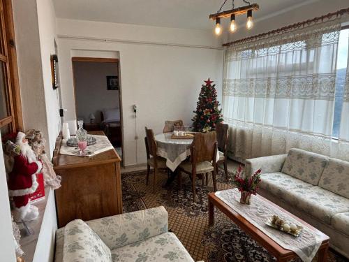 a living room with a christmas tree in the window at Georgaras Accommodation in Platanoússa