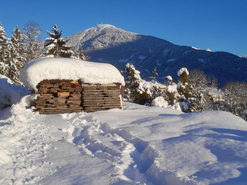 a log cabin covered in snow in front of a mountain at Haus Hotz Apart Talblick in Grins