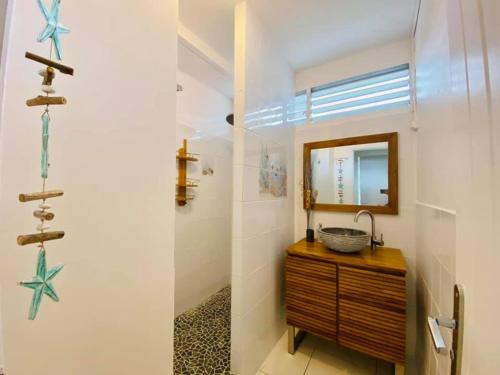 a bathroom with a sink and a mirror at Les Orchidées de Sainte-Anne in Sainte-Anne