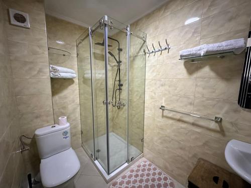 a bathroom with a shower and a toilet and a sink at Riverside 2 in Tetouan