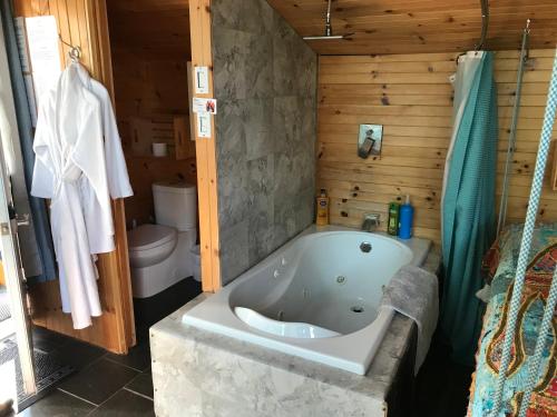 a bathroom with a bath tub and a toilet at Le gîte du Lac à la Tortue in Herouxville