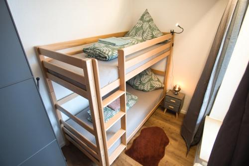 Etagenbett in einem Zimmer mit einer Leiter in der Unterkunft Stilvolles Studio Apt. Lübeck Zentrum in Lübeck