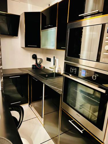 une cuisine avec une cuisinière et un micro-ondes dans l'établissement Appartement moderne vieille ville PARKING GRATUIT, à Annecy