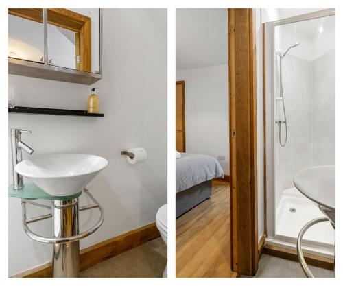 two images of a bathroom with a sink and a shower at Stunning Sea View Whole Home In Torbay Close To Beach in Torquay