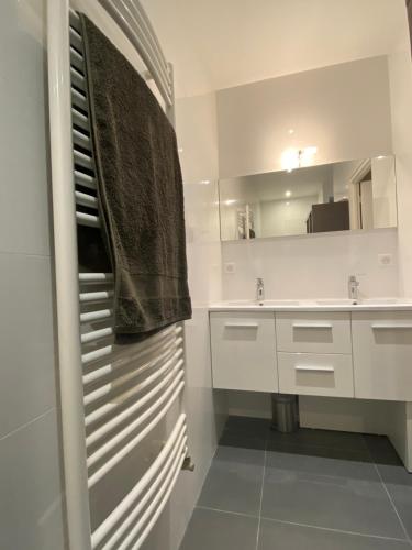 une salle de bain blanche avec un lavabo et un miroir dans l'établissement Studio totalement rénové en plein centre-ville devant la Préfecture de Lyon, à Lyon