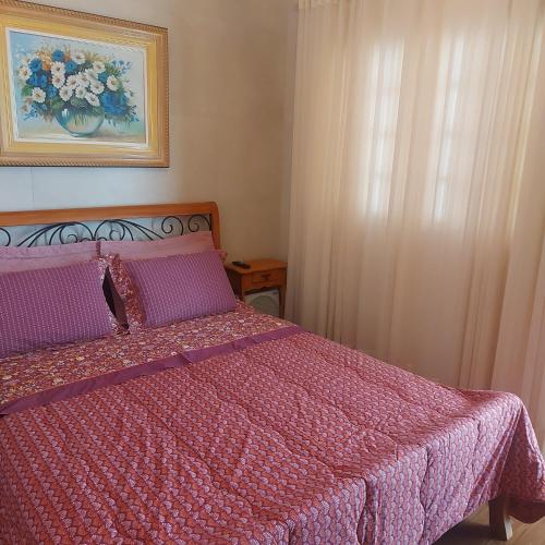 a bedroom with a bed with a red comforter at Casa Amarela Pousada in Domingos Martins