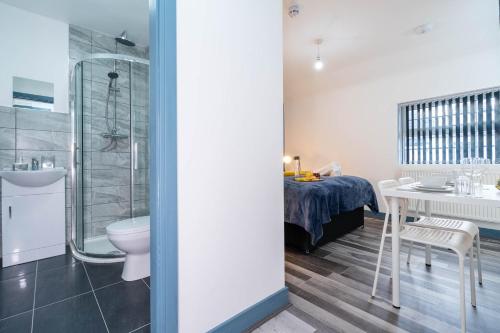 uma casa de banho com um chuveiro, um WC e um lavatório. em Sky Rooms One Bedroom Modern Studio Apartment 6 em Birmingham