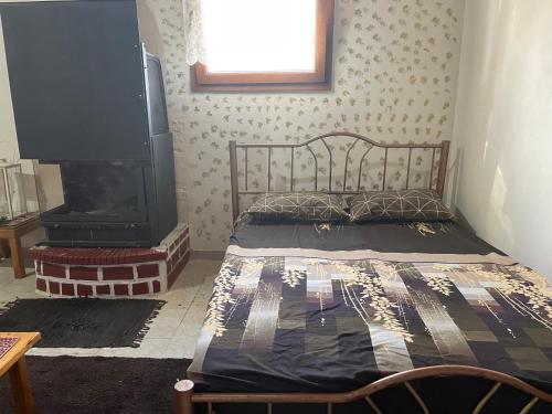 a bedroom with a bed next to a fireplace at Villa Olympus in Kalývia