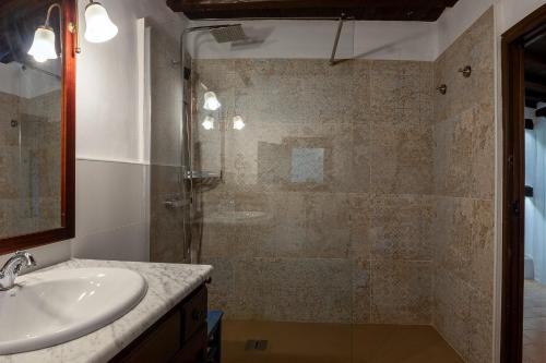 a bathroom with a sink and a shower at Casa rural la grande in Casas del Castañar