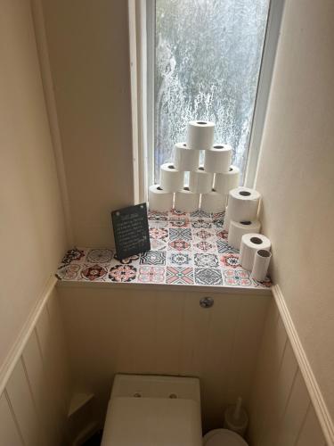 a small bathroom with a toilet and a window at Spacious bright double room in London