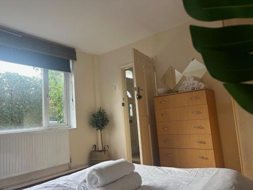 1 dormitorio con 1 cama, vestidor y ventana en Spacious bright double room, en Londres