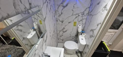 a bathroom with two toilets and a marble wall at Oleon Apartments - Colchester in Colchester