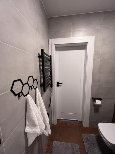 a bathroom with a white door and a toilet at Górska Stodoła in Lipowa