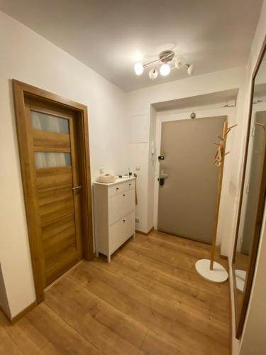 a room with a door and a sink and a bathroom at Cozy Apt Near Prague Castle in Prague