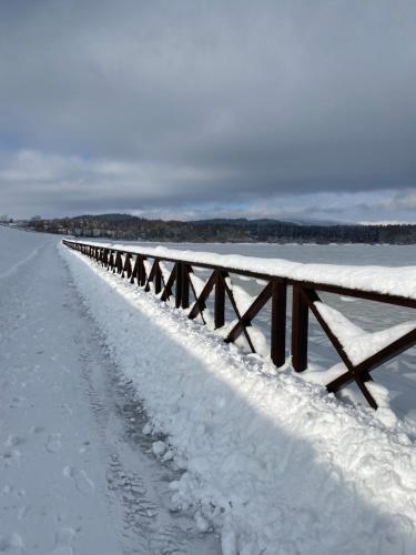 a snow covered bridge with a snow covered path at Apartmán Na Břehu Lipna in Černá v Pošumaví