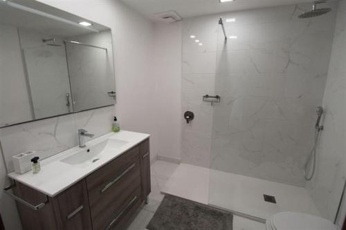a bathroom with a shower and a sink and a mirror at La Almadraba 412 in Manilva