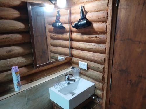y baño con lavabo y espejo. en Cabaña Las Marias en Villa Santa Cruz del Lago