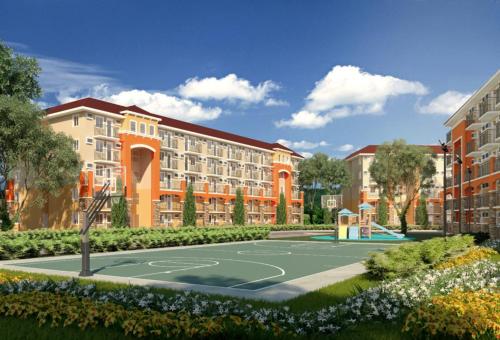 an architectural rendering of an apartment complex with a basketball court at Jay's Condo @ Arrezo in Davao City