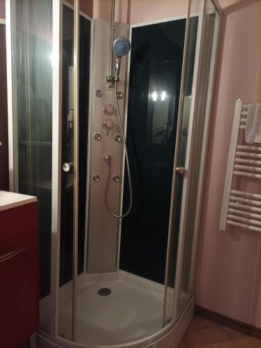 a shower with a glass door in a bathroom at l'aube des 7 ecluses in Rogny