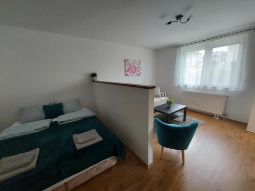 a bedroom with a bed and a chair and a desk at Garden House Novi Sad in Novi Sad