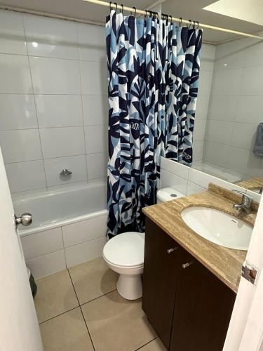 łazienka z toaletą, umywalką i zasłoną prysznicową w obiekcie Departamento pleno centro de Viña del Mar w mieście Viña del Mar