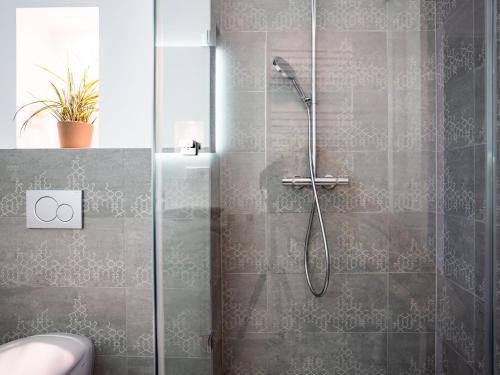 een douche met een glazen deur in de badkamer bij Whirlpool - zentral - Designloft mit XXL Terrasse in Wiesbaden