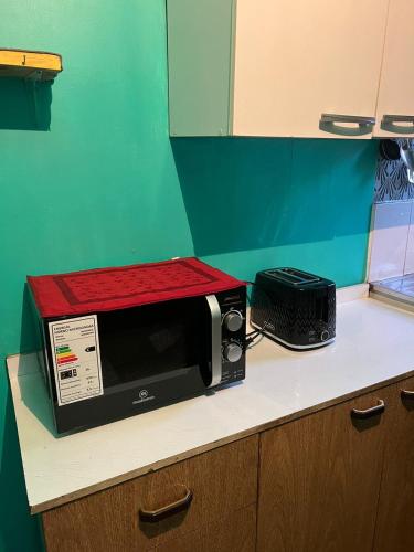 a microwave sitting on top of a kitchen counter at cabaña Wenu Mapu queule in Queule