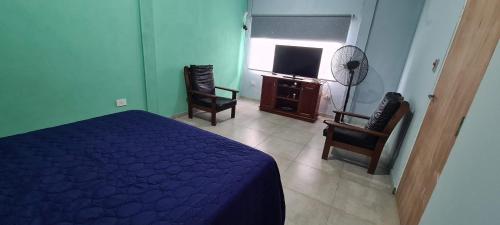 a bedroom with a bed and two chairs and a television at Quinta Loma Hermosa in Aldea Brasilera