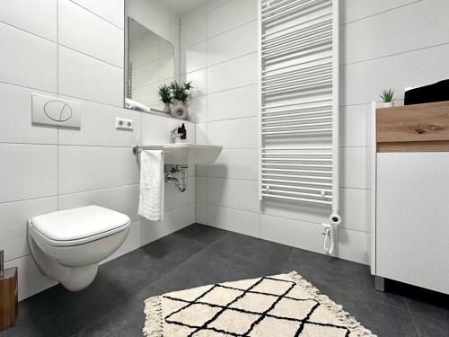 施韋比施哈爾的住宿－Modernes Apartment inkl. TG-Stellplatz in der Nähe zum Bahnhof - YUKA Apartments，白色的浴室设有卫生间和水槽。